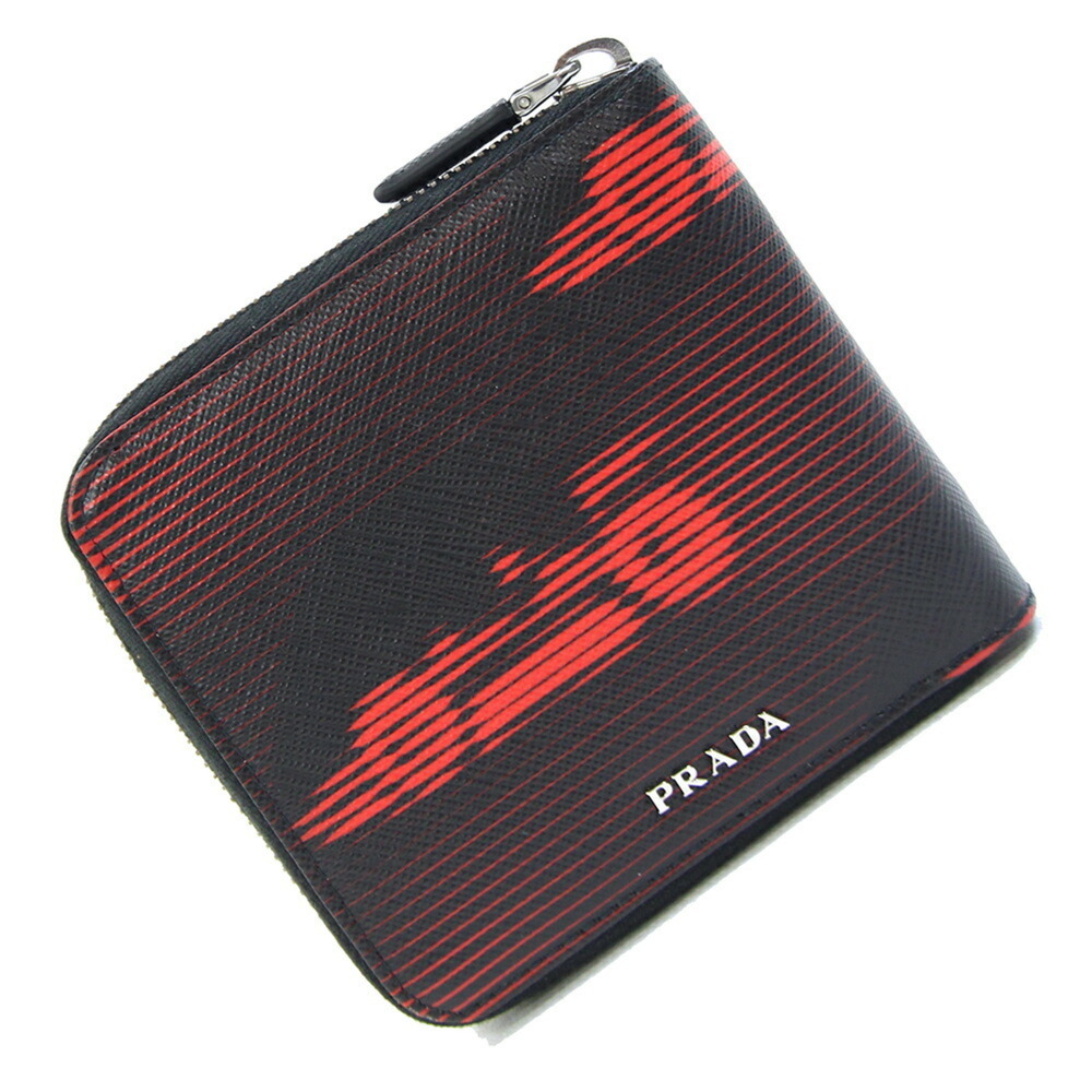 Prada Round Wallet, Black and Red Leather, Compact Bi-fold Men's PRADA